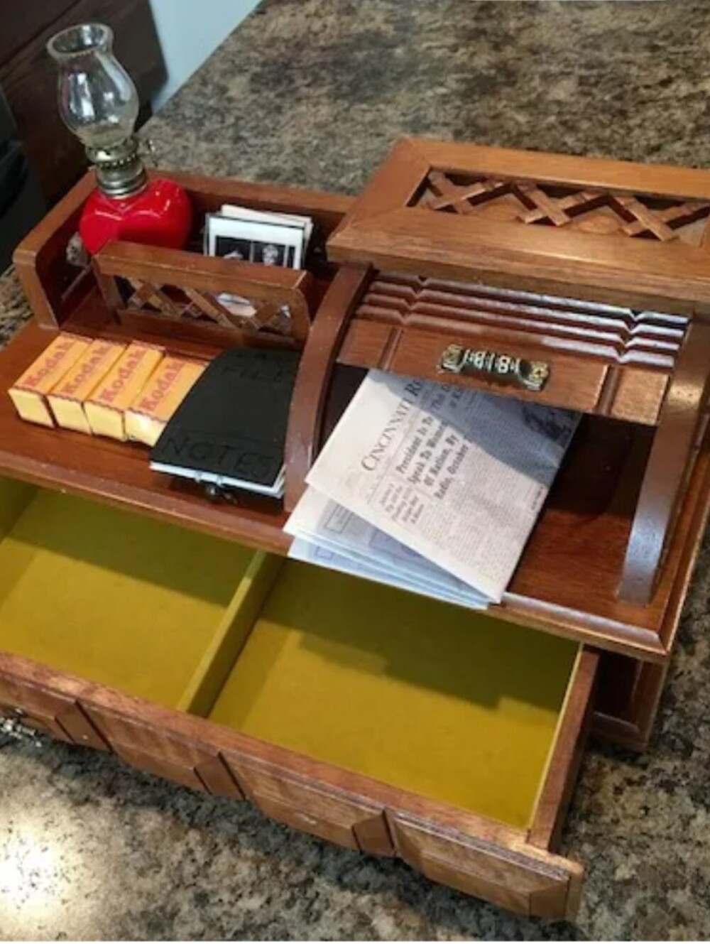 Vintage Wooden Jewelry Box Desk Organizer Roll-Top Velvet Storage Drawer - Picture 13 of 14